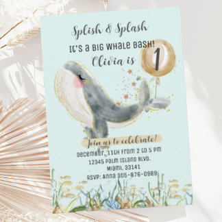 Cute Under the Sea Whale 1st Birthday Invitation