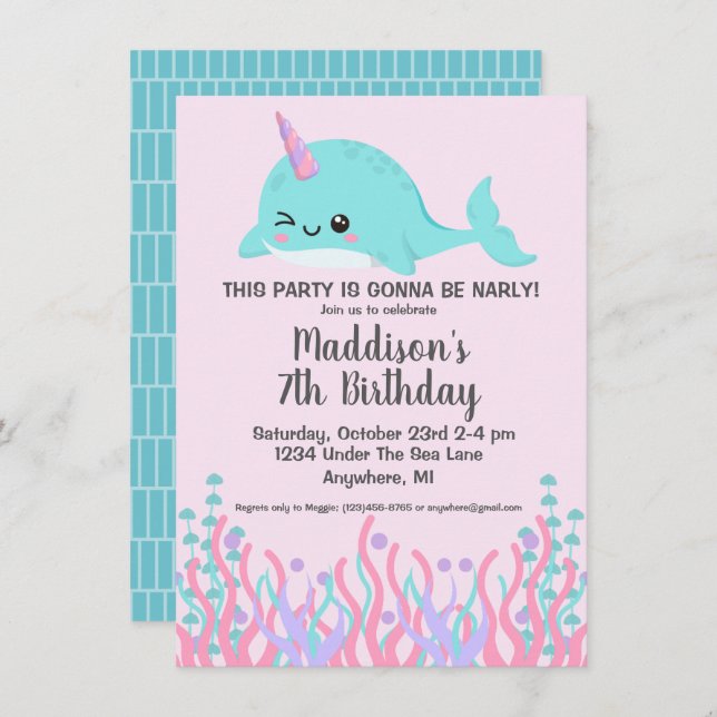 Cute Under The Sea Winking Narwhal Birthday Invitation (Front/Back)