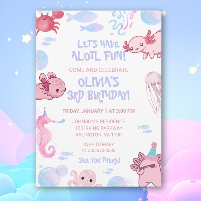 Cute Underwater Axolotl Kids Pink Fun Birthday Invitation (Creator Uploaded)