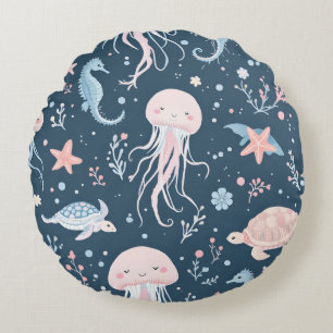 Cute Underwater Jellyfish and Sea Turtles Pattern  Round Cushion