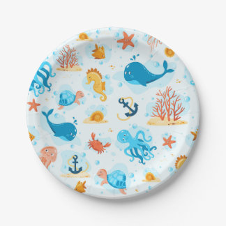 Cute underwater world. Aquatic. Ocean life Paper Plate