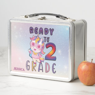 Cute Unicorn 2nd Grade Personalised Name Metal Lunch Box