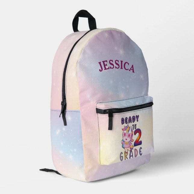 Cute Unicorn 2nd Grade Personalised Name Printed Backpack (Back Corner Left)