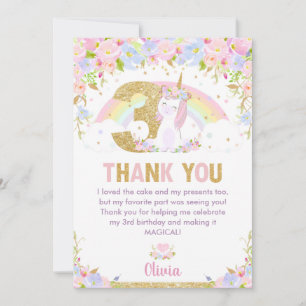 Cute Unicorn 3rd Birthday Rainbow Floral Thank You
