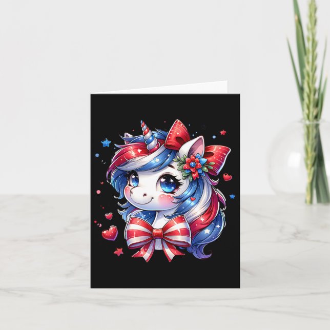 Cute Unicorn 4th Of July Girls Kids American Flag  Card (Front)