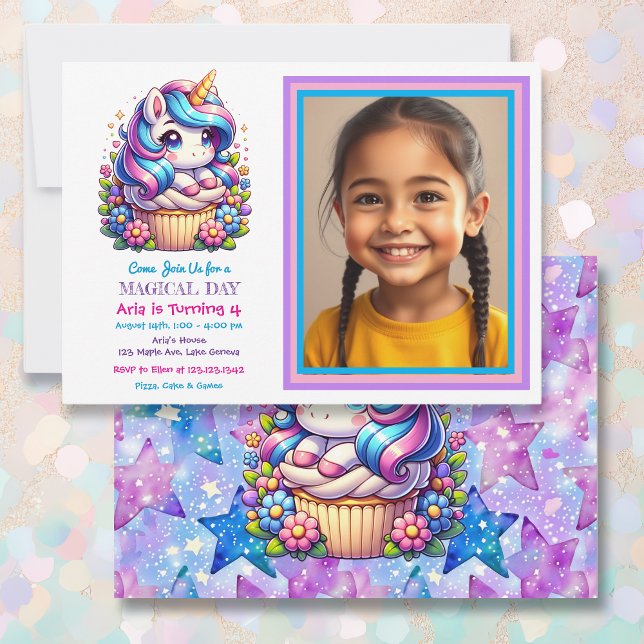 Cute Unicorn and Cupcake Child's Photo Birthday Invitation (Creator Uploaded)
