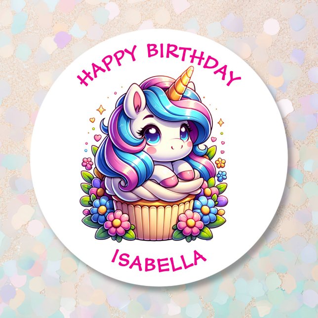 Cute Unicorn and Cupcake Personalised Birthday Classic Round Sticker (Creator Uploaded)