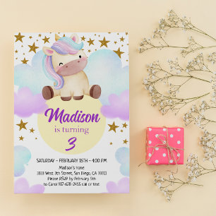 Cute Unicorn and Gold Stars Birthday Invitation