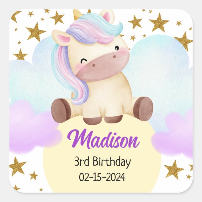 Cute Unicorn and Gold Stars Birthday Square Sticker (Front)