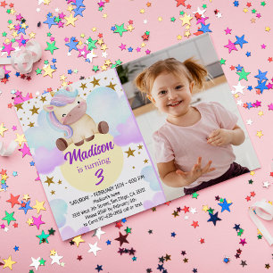 Cute Unicorn and Gold Stars Photo Birthday Invitation