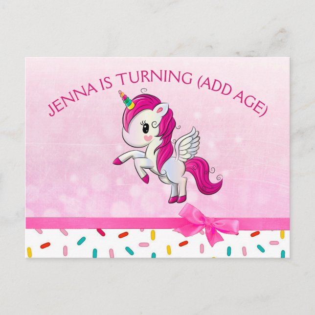 Cute Unicorn and Pink Candy Sprinkles Birthday Postcard (Front)