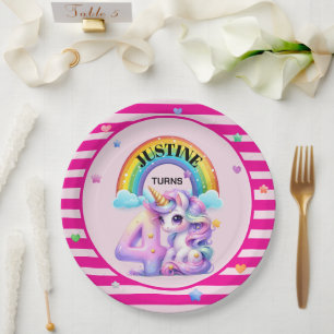 Cute Unicorn and Rainbow 4th Birthday Paper Plate