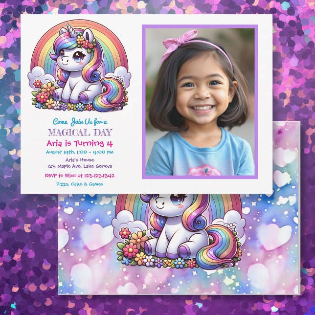 Cute Unicorn and Rainbow Child's Photo Birthday Invitation (Creator Uploaded)