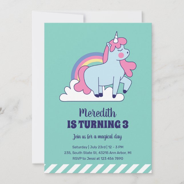 Cute Unicorn and Rainbow Kids Girls Birthday Invitation (Front)