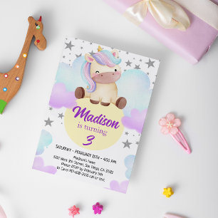Cute Unicorn and Silver Stars Birthday Invitation
