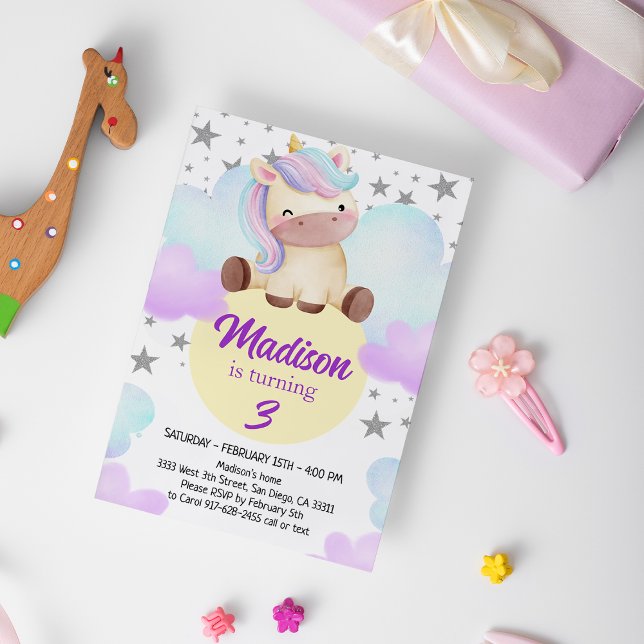 Cute Unicorn and Silver Stars Birthday Invitation (Creator Uploaded)