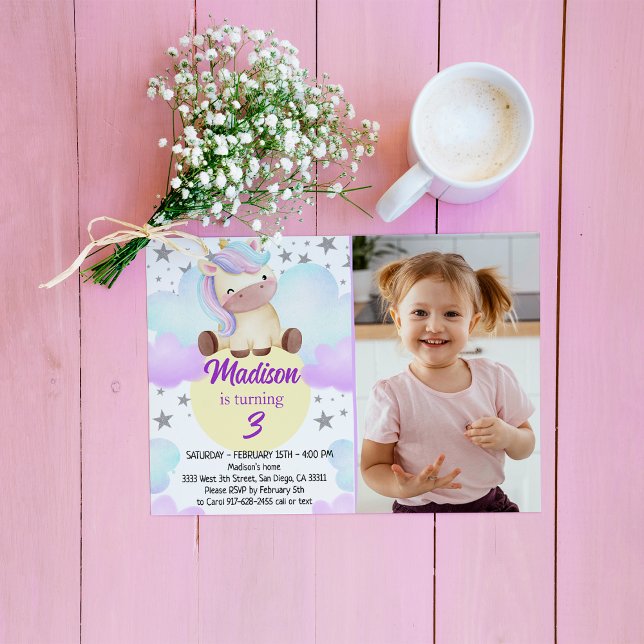 Cute Unicorn and Silver Stars Photo Birthday Invitation (Creator Uploaded)