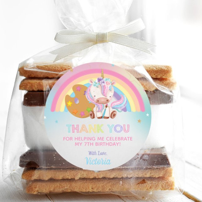 Cute Unicorn Art Party Birthday Thank You Favour  Classic Round Sticker (Creator Uploaded)