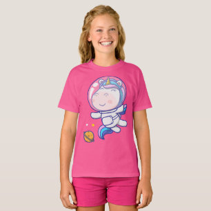 Cute unicorn astronaut floating in space T-Shirt