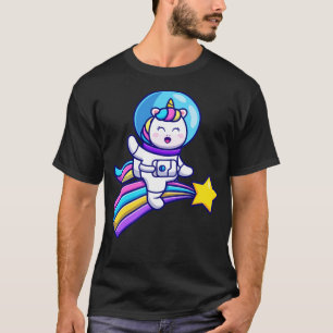 Cute Unicorn Astronaut Riding Rainbow Cartoon T-Shirt
