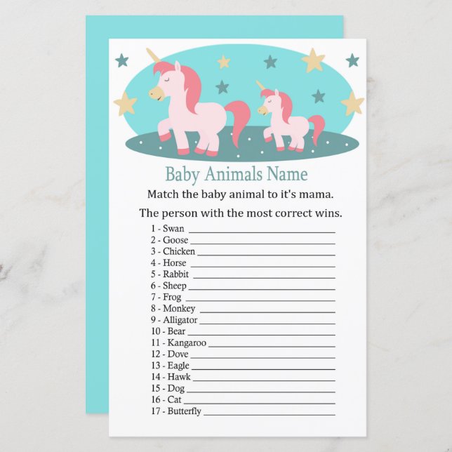 Cute Unicorn Baby Animals Name Game (Front/Back)