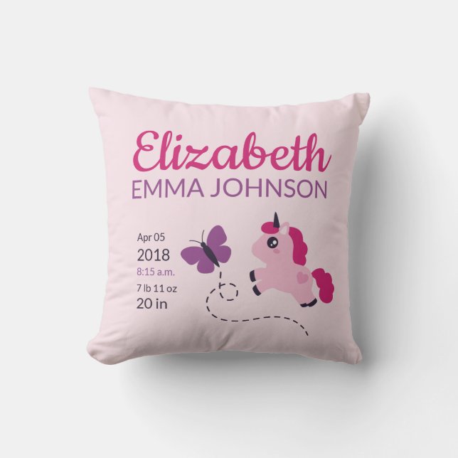 Cute Unicorn Baby Birth Stats Cushion (Front)