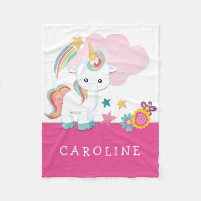 Cute Unicorn Baby Girl Name White Pink Fleece Blanket (Front)