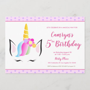 Cute Unicorn Baby Girl's 5th birthday Party Invitation