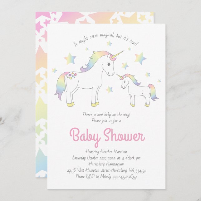 Cute Unicorn Baby Shower Invitation (Front/Back)