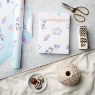 cute Unicorn balloon rainbow birthday party kids Wrapping Paper