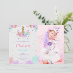 Cute Unicorn Birthday Floral Magical Unicorn Photo Invitation