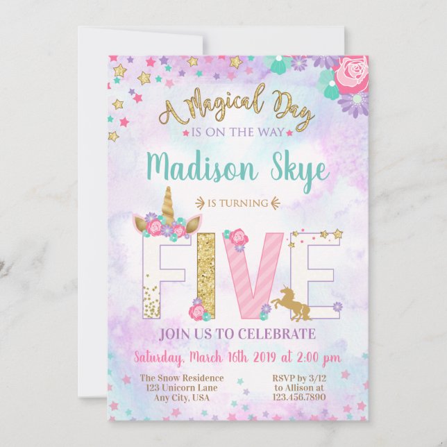 Cute Unicorn Birthday Invitation Fifth Five (Front)