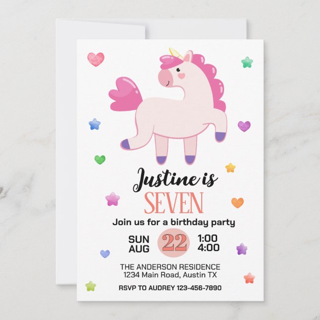 Cute Unicorn Birthday Party Invitation (Front)