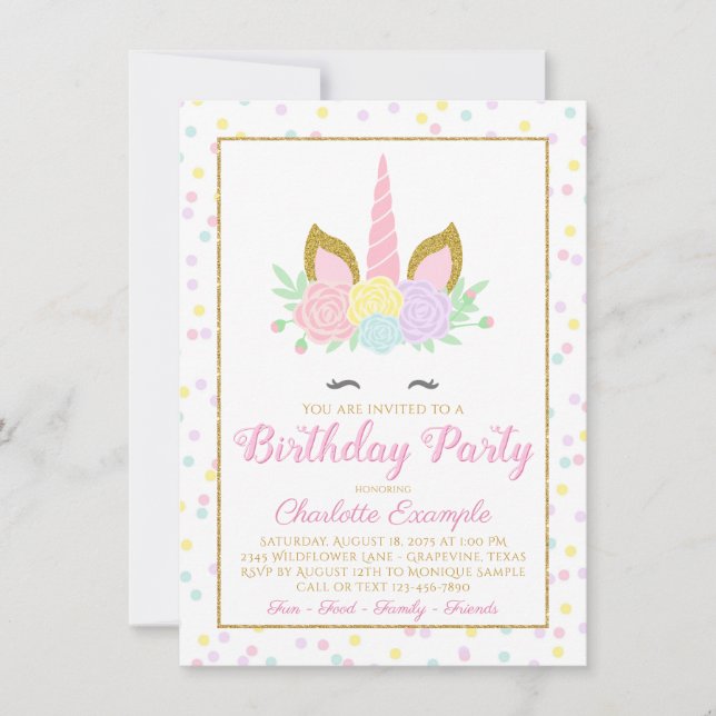 Cute Unicorn Birthday Party Invitations (Front)