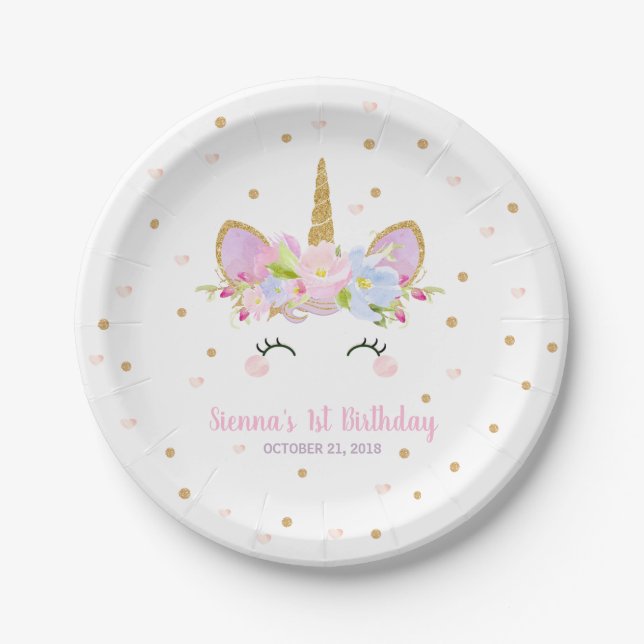 Cute Unicorn Birthday Party Paper Plates (Front)