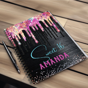 Cute unicorn black glitter birthday monogram notebook