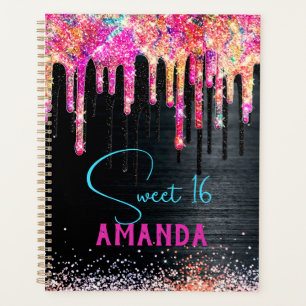Cute unicorn black glitter birthday monogram planner