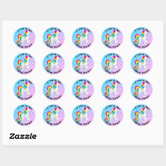 Cute Unicorn Blue and Pink Quatrefoil Classic Round Sticker