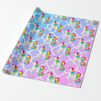 Cute Unicorn Blue and Pink Quatrefoil Wrapping Paper