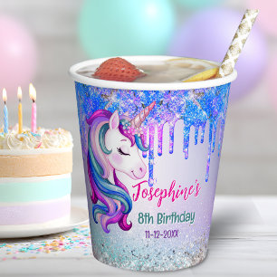 Cute Unicorn blue green drip birthday Paper Cups
