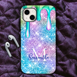Cute unicorn blue pink glitter drips monogram iPhone 15 case