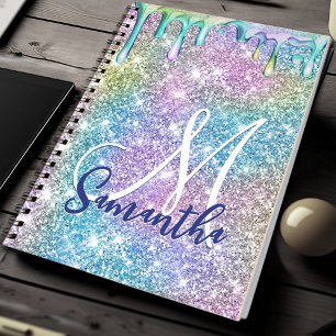 Cute unicorn blue pink glitter drips monogram notebook