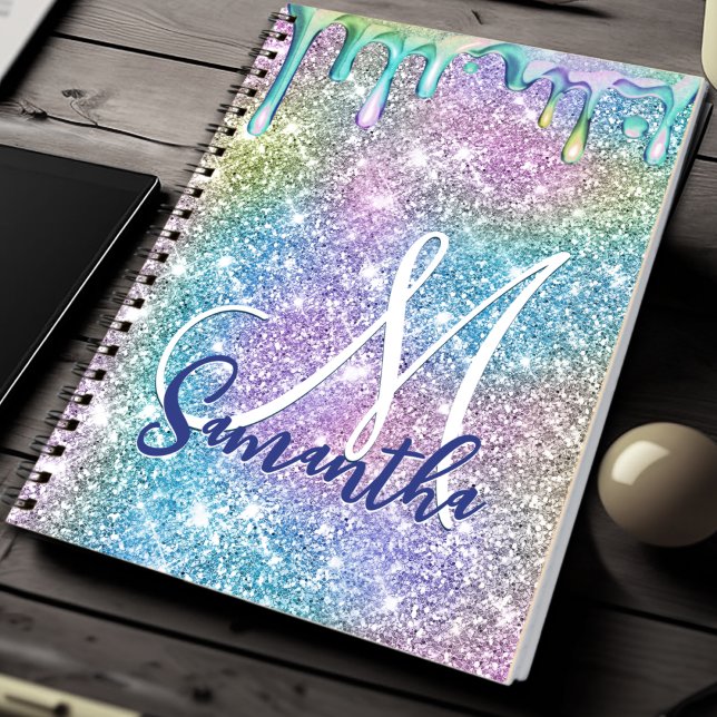 Cute unicorn blue pink glitter drips monogram notebook (Creator Uploaded)