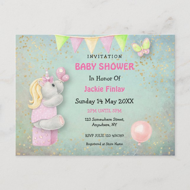 Cute Unicorn/Butterflies Baby Shower Invitation Postcard (Front)