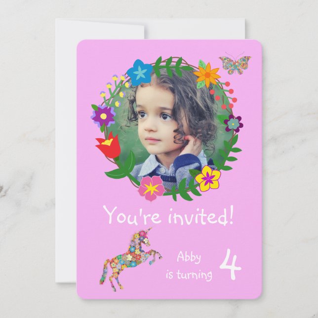 Cute Unicorn Butterfly Flowers Girls Party Invitation (Front)