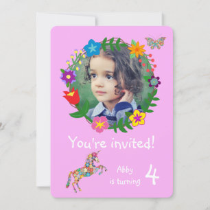 Cute Unicorn Butterfly Flowers Girls Party Invitation