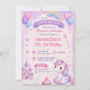 Cute Unicorn Castle Magical Birthday Invitation