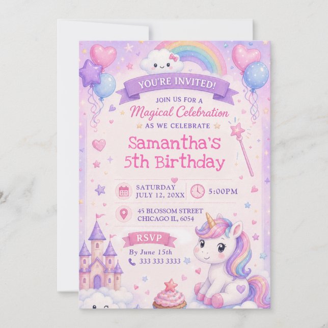 Cute Unicorn Castle Magical Birthday Invitation (Front)
