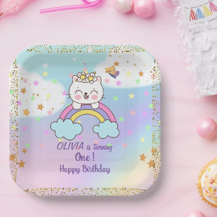 Cute Unicorn Cat Rainbow Girl 1st Birthday Party  Paper Plate
