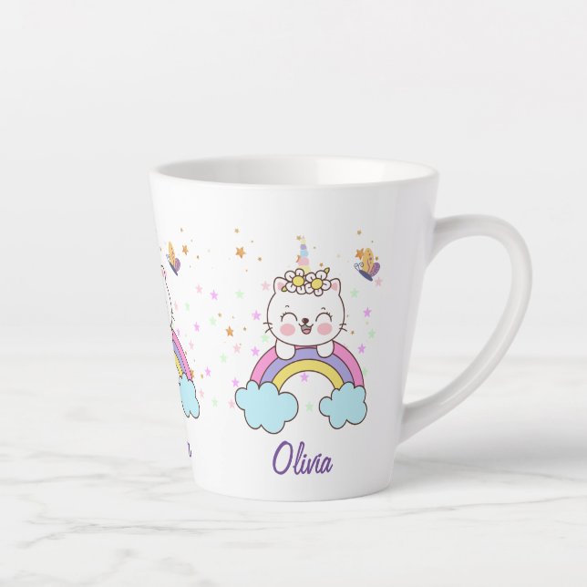 Cute Unicorn Cat Rainbow Stars Kid's Birthday Name Latte Mug (Right)